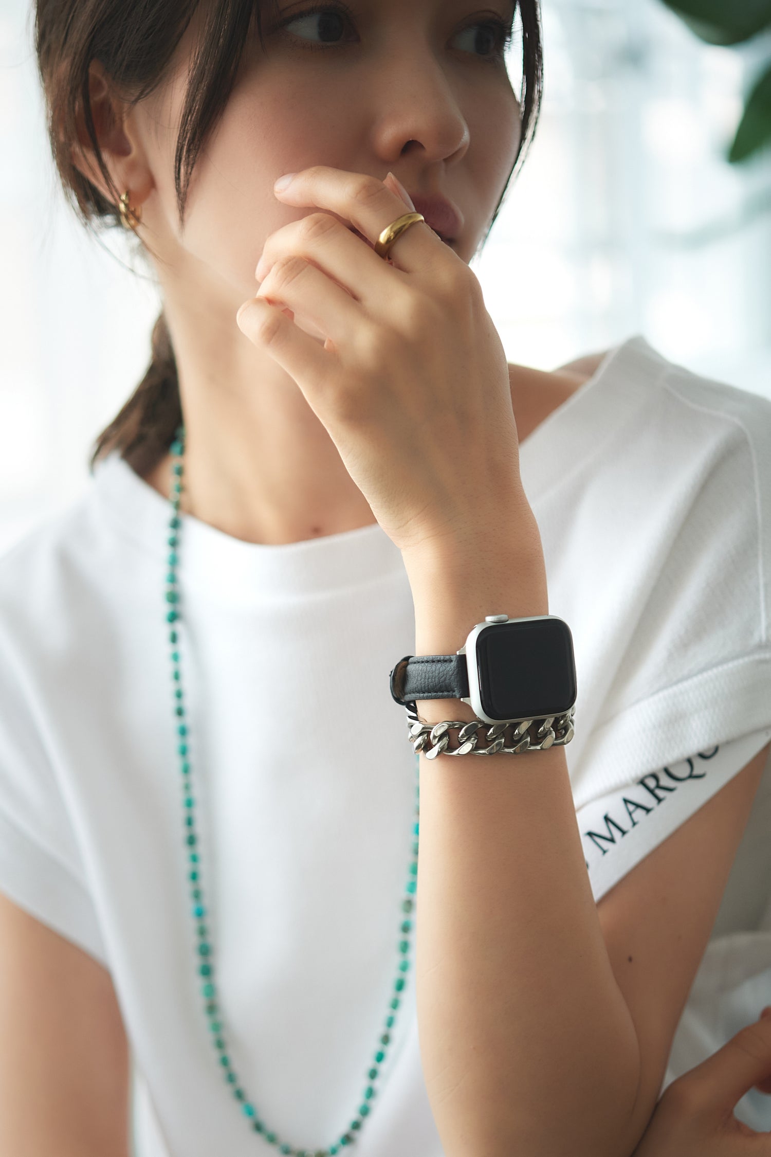 国産アップルレザー Apple Watch 3Wayバンド / ブラック 二重巻き着用イメージ ステンレス ハンサム