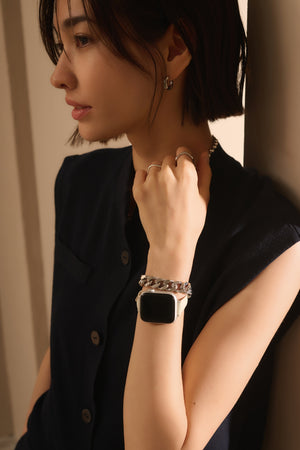 国産アップルレザー Apple Watch 3Wayバンド / オフホワイト メタル 二重巻き着用イメージ